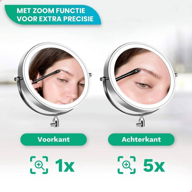 Make Up Spiegel met Led Verlichting - 5X Vergroting - Scheerspiegel - Batterijen - Badkamer - Chroom