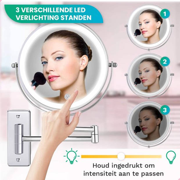 Make Up Spiegel met Led Verlichting - 5X Vergroting - Scheerspiegel - Batterijen - Badkamer - Chroom