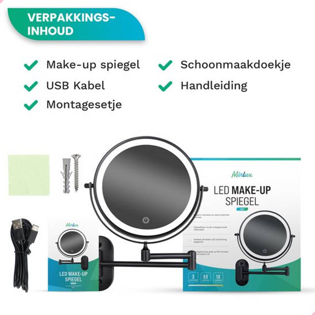 Make Up Spiegel met Led Verlichting - 5X Vergroting - Scheerspiegel - Oplaadbaar -Badkamer - Zwart