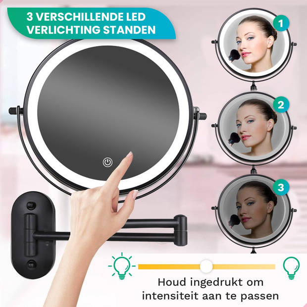 Make Up Spiegel met Led Verlichting - 5X Vergroting - Scheerspiegel - Oplaadbaar -Badkamer - Zwart