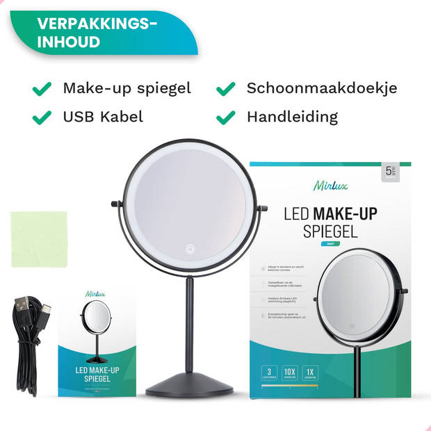 Mirlux Make Up Spiegel met LED Verlichting - 10x Vergroting – 3 Lichtstanden - Oplaadbaar - Zwart