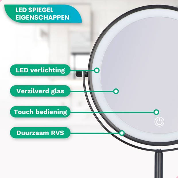 Mirlux Make Up Spiegel met LED Verlichting - 10x Vergroting – 3 Lichtstanden - Oplaadbaar - Zwart