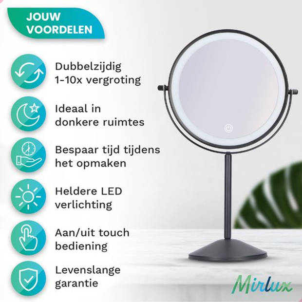 Mirlux Make Up Spiegel met LED Verlichting - 10x Vergroting – 3 Lichtstanden - Oplaadbaar - Zwart