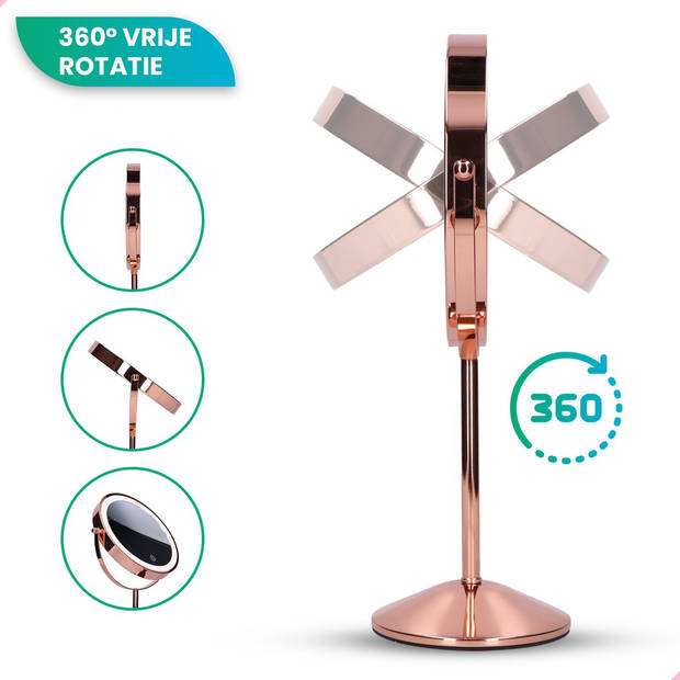 Mirlux Make Up Spiegel met LED Verlichting - 10x Vergroting – Scheerspiegel - 3 Lichtstanden - Oplaadbaar - Rosé Goud