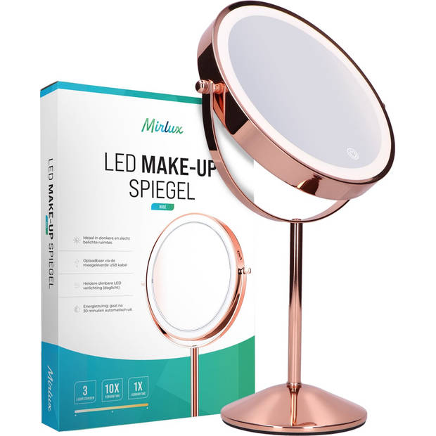 Mirlux Make Up Spiegel met LED Verlichting - 10x Vergroting – Scheerspiegel - 3 Lichtstanden - Oplaadbaar - Rosé Goud