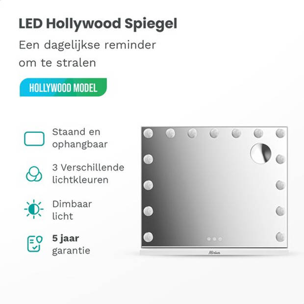 Mirlux Hollywood Make Up Spiegel - LED Verlichting - 10x Zoom - Ophangbaar - Wit - 58x48cm