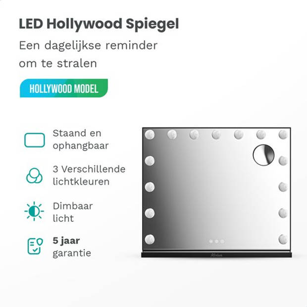 Mirlux Hollywood Make Up Spiegel - LED Verlichting - 10x Zoom - Ophangbaar - Zwart - 58x48cm