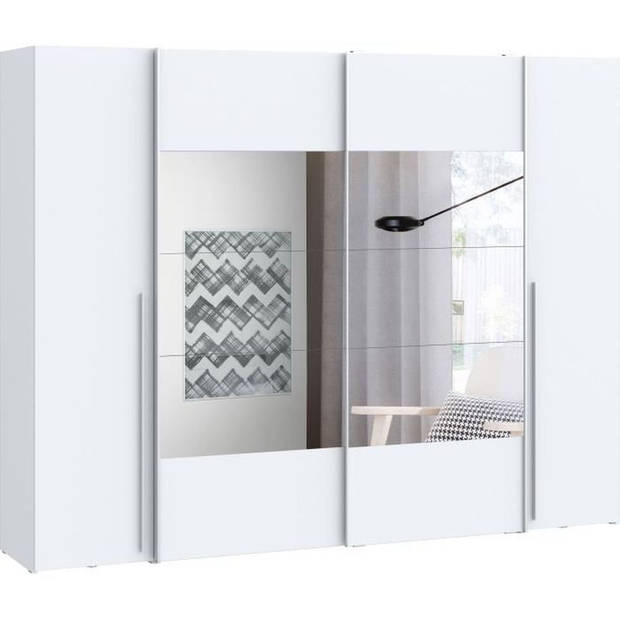 NARAGO kledingkast - Mat wit decor - 2 schuifdeuren + spiegel + 2 draaideuren + 2 kledingkasten - L270 x D61 x H210 cm