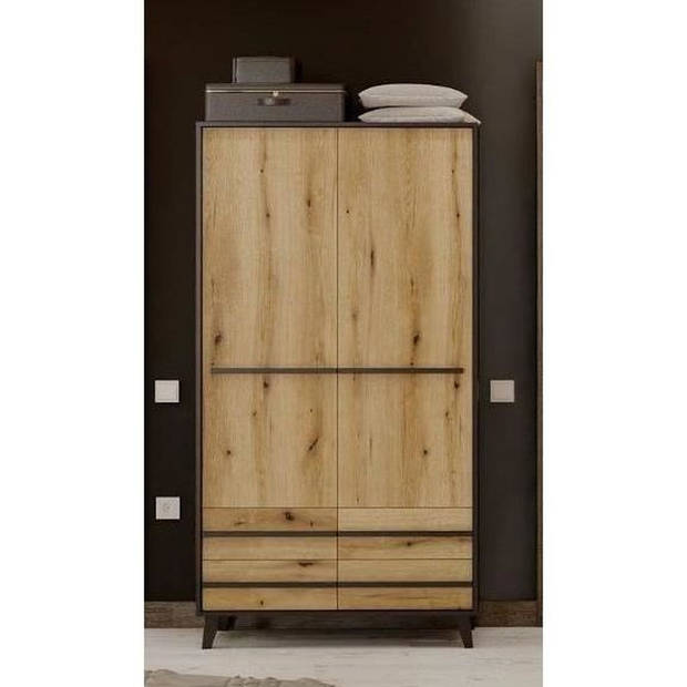 HEKA kast 2 deuren + 4 lades - Zwart en eiken decor - L100 x D50 x H180 cm - Made in Spain