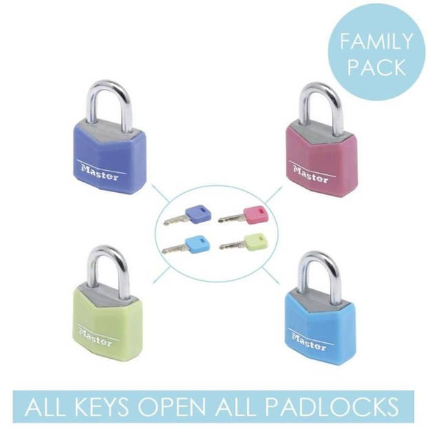 MASTER LOCK Set van 4 hangsloten 20 mm - Diverse kleuren - Voor bagage, koffer, rugzak