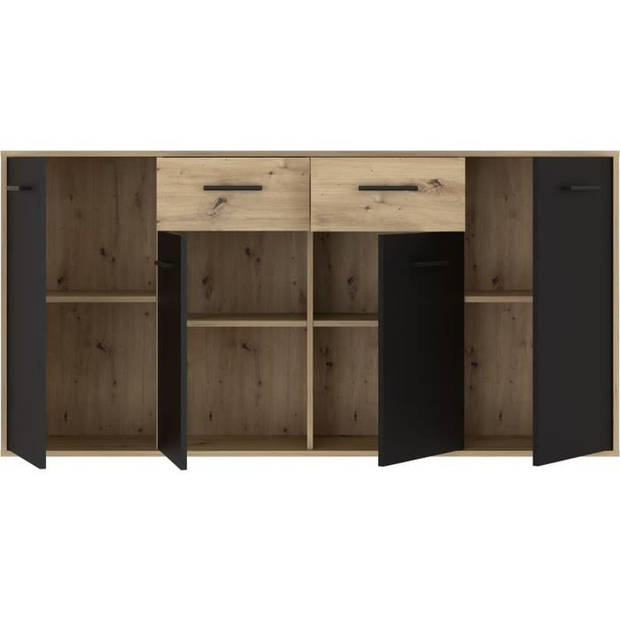 PILVI dressoir - Eigentijdse stijl - Melaminedeeltjes - Eiken en zwart decor - 4 deuren + 2 laden