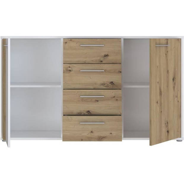 CARDIGAN dressoir 2 deuren, 4 laden - Artisan eiken en wit decor - L142,6 x D34,2 x H82,3 cm - Metalen handgrepen