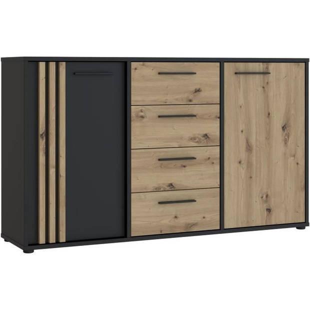 CARDIGAN dressoir 2 deuren, 4 laden - Ambachtelijk eiken en zwart decor - L142,6 x D34,2 x H82,3 cm