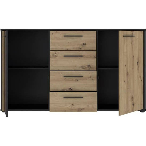 CARDIGAN dressoir 2 deuren, 4 laden - Ambachtelijk eiken en zwart decor - L142,6 x D34,2 x H82,3 cm