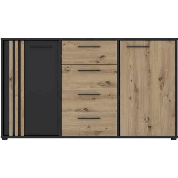 CARDIGAN dressoir 2 deuren, 4 laden - Ambachtelijk eiken en zwart decor - L142,6 x D34,2 x H82,3 cm