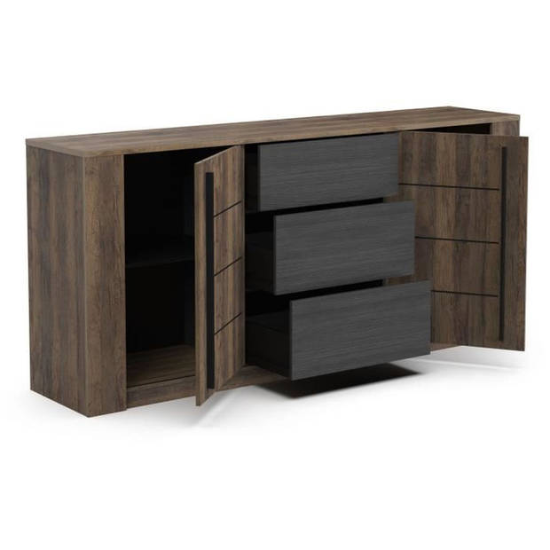 MONACO dressoir - Eiken en zwart decor - 2 schuifdeuren + 3 laden - L206 x D44,9 x H94 cm - CBA MEUBLES