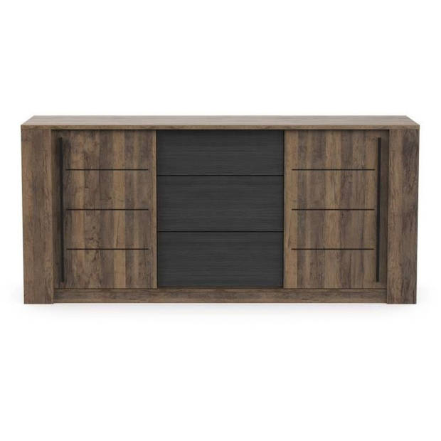 MONACO dressoir - Eiken en zwart decor - 2 schuifdeuren + 3 laden - L206 x D44,9 x H94 cm - CBA MEUBLES