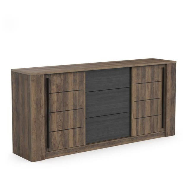 MONACO dressoir - Eiken en zwart decor - 2 schuifdeuren + 3 laden - L206 x D44,9 x H94 cm - CBA MEUBLES