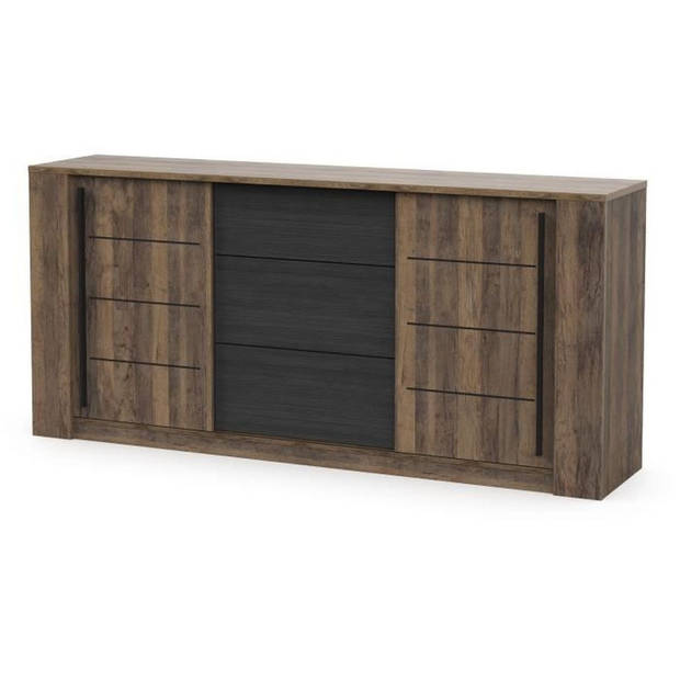 MONACO dressoir - Eiken en zwart decor - 2 schuifdeuren + 3 laden - L206 x D44,9 x H94 cm - CBA MEUBLES