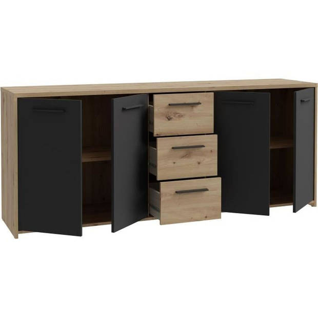 PILVI dressoir - Eigentijdse stijl - Melaminedeeltjes - Artisanaal eiken en zwart decor - 4 deuren + 3 laden