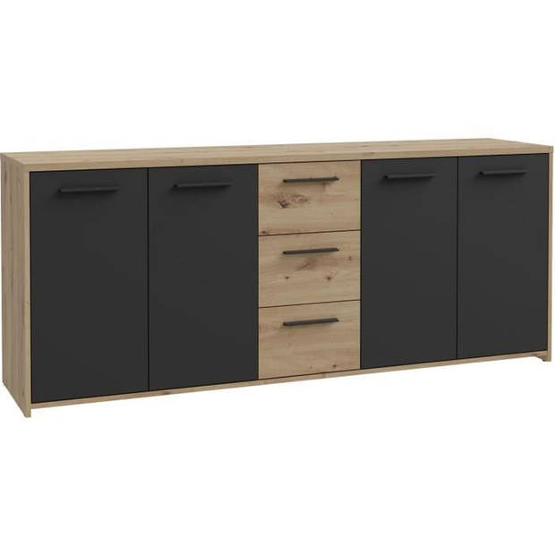 PILVI dressoir - Eigentijdse stijl - Melaminedeeltjes - Artisanaal eiken en zwart decor - 4 deuren + 3 laden