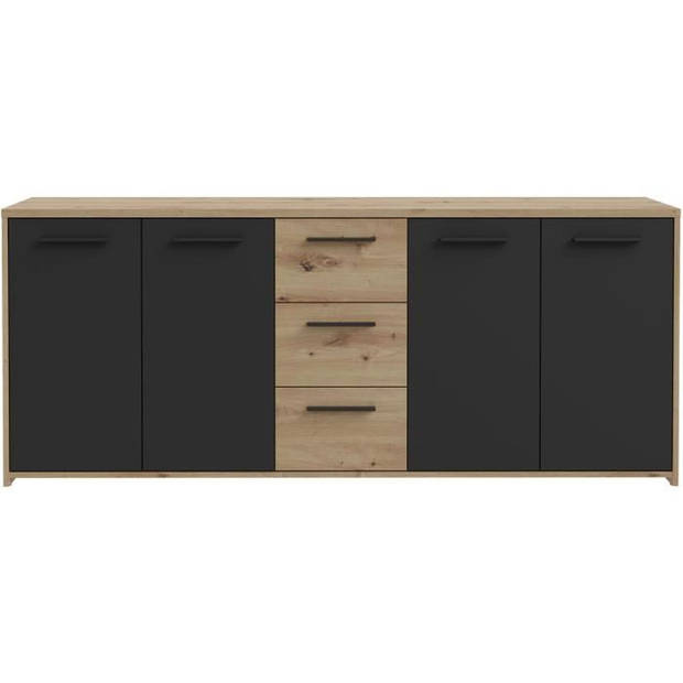 PILVI dressoir - Eigentijdse stijl - Melaminedeeltjes - Artisanaal eiken en zwart decor - 4 deuren + 3 laden