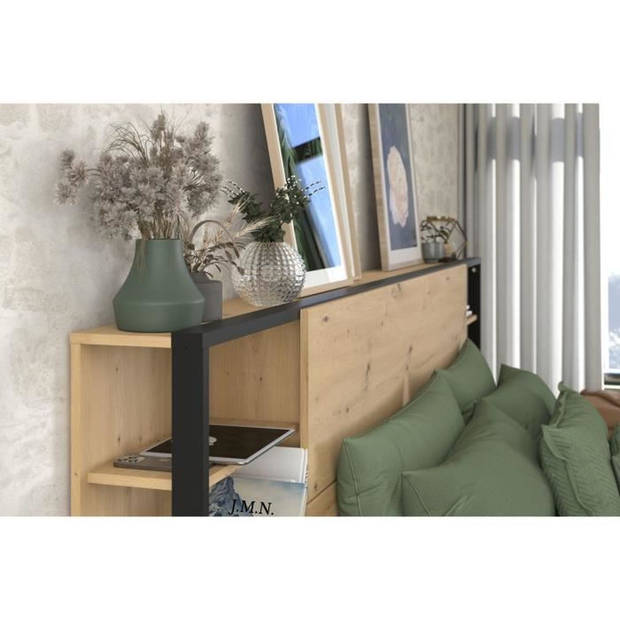 PARISOT Hoofdeinde met planken + geïntegreerde nachtkastjes - Eiken en zwart decor - L 255 x D 36 x H 103 cm - WIT