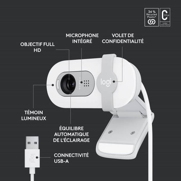 Webcam - Full HD 1080p - LOGITECH - Brio 100 - Geïntegreerde microfoon - Gebroken wit - (960-001617)