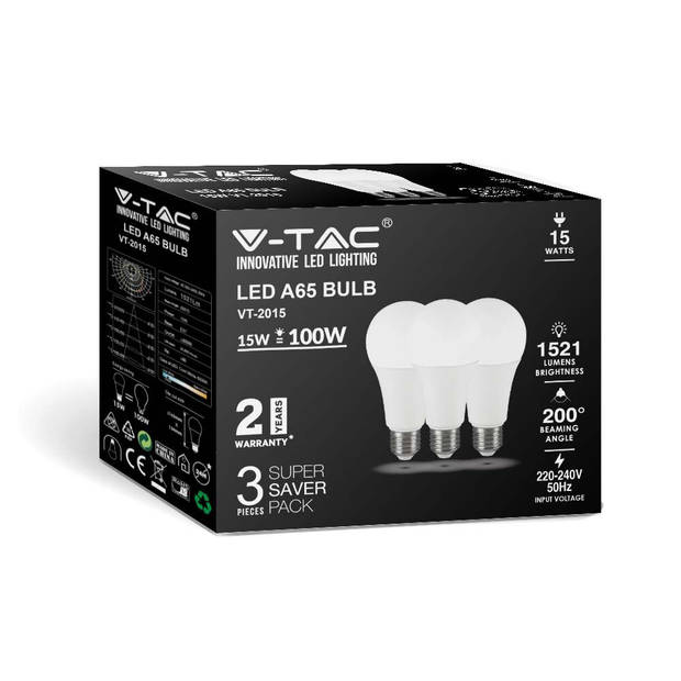V-TAC VT-2015-3PC-N E27 LED Wit Lampen - RTL - GLS - 3PC Set - IP20 - 15W - 1521 Lumen - 4000K