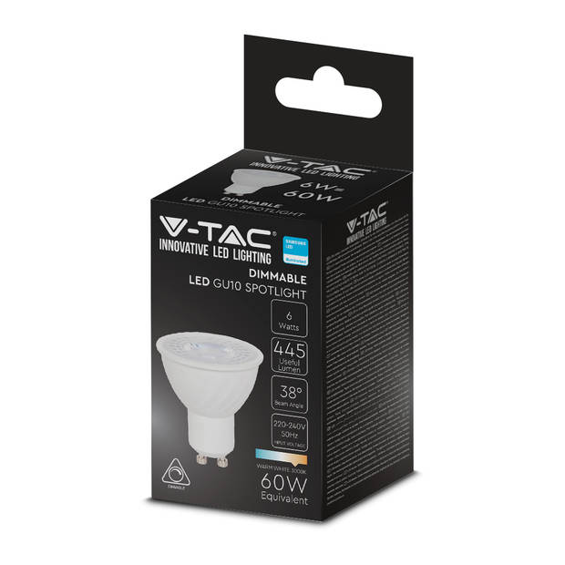 V-TAC VT-227D-N GU10 Dimbare LED Spots - Lens 38° - Samsung - IP20 - Wit - 6W - 445 Lumen - 3000K - 5 Jaar