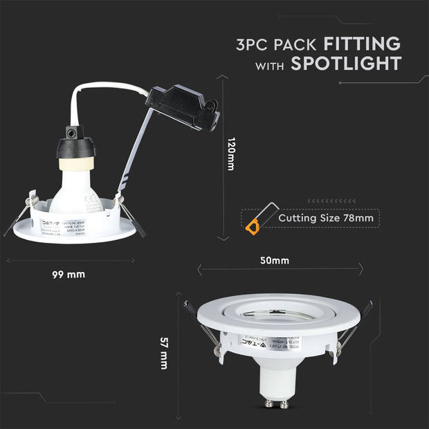 V-TAC VT-3333 GU10 Witte LED Spots - 3PC Set - Fitting - IP20 - 5W - 400 Lumen - 3000K