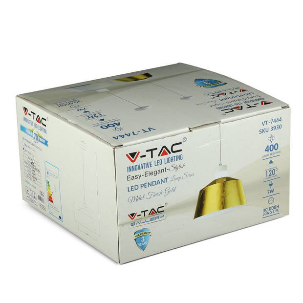 V-TAC VT-7444-G LED Hanglamp Met Kap - IP20 - Goud - 7 Watt - 400 Lumen - 4000K