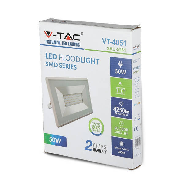 V-TAC VT-4051W E-serie LED schijnwerpers - Wit - IP65 - Wit - 50W - 4250 Lumen - 4000K