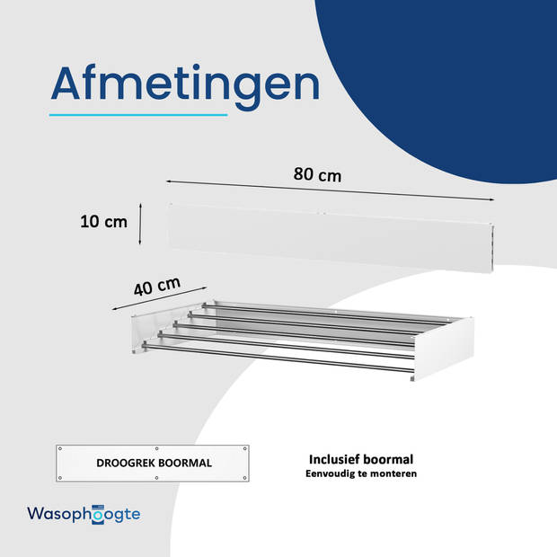 Wasophoogte® Wanddroogrek - Wasrek inklapbaar - Wasrek Hangend - Droogrek inklapbaar - 80cm - 4m drooglengte - Wit - inc