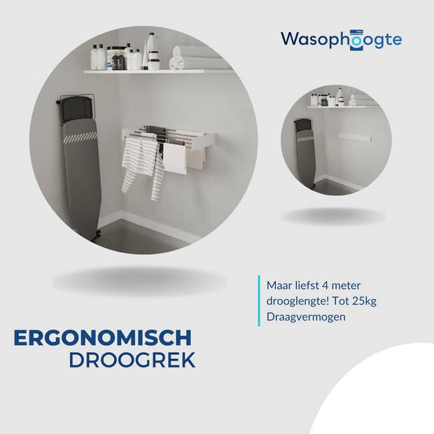 Wasophoogte® Wanddroogrek - Wasrek inklapbaar - Wasrek Hangend - Droogrek inklapbaar - 80cm - 4m drooglengte - Wit - inc