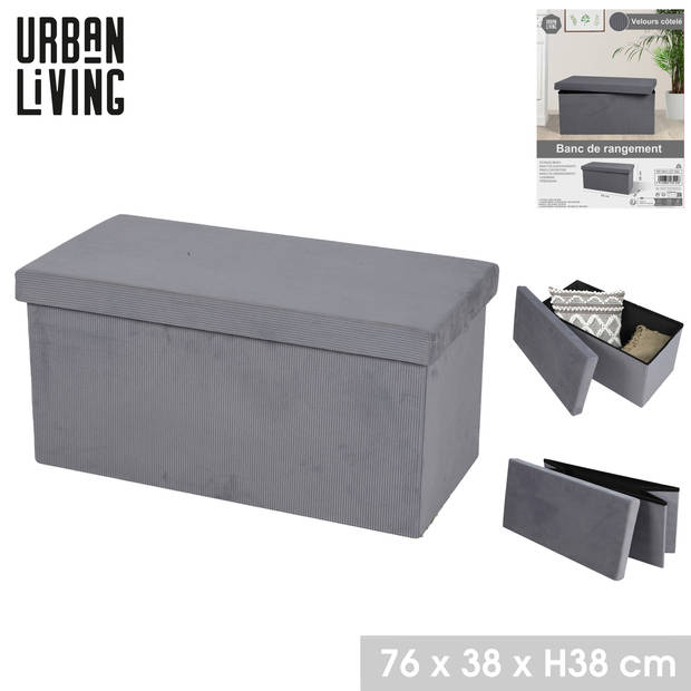 Urban Living Hocker bankje - poef XXL - opbergbox - lichtgrijs - velours look - 76 x 38 x 38 cm - Poefs