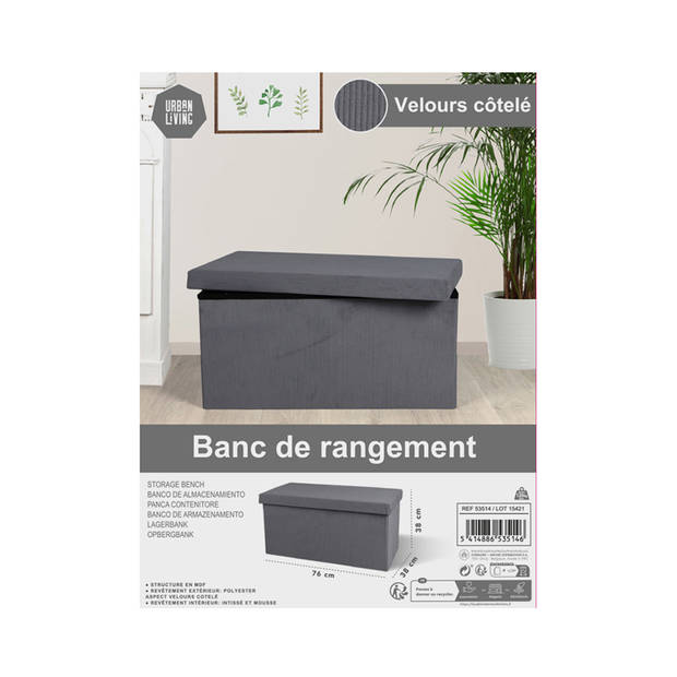 Urban Living Hocker bankje - poef XXL - opbergbox - lichtgrijs - velours look - 76 x 38 x 38 cm - Poefs