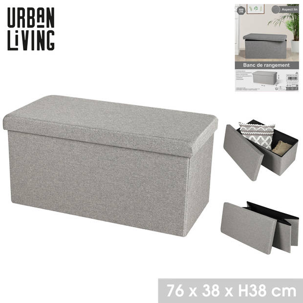 Urban Living Hocker bankje - poef XXL - opbergbox - lichtgrijs - polyester/mdf - 76 x 38 x 38 cm - Poefs