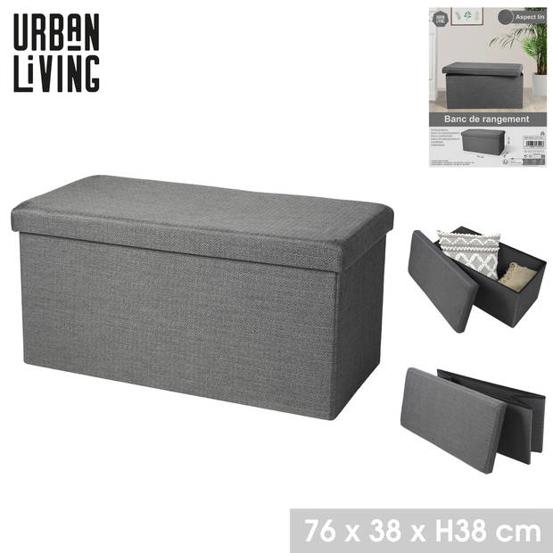 Urban Living Hocker bankje - poef XXL - opbergbox - grijs - polyester/mdf - 76 x 38 x 38 cm - Poefs