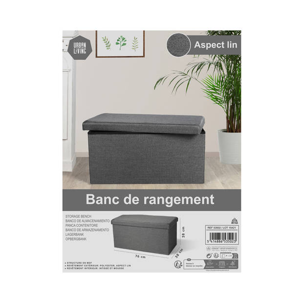 Urban Living Hocker bankje - poef XXL - opbergbox - grijs - polyester/mdf - 76 x 38 x 38 cm - Poefs