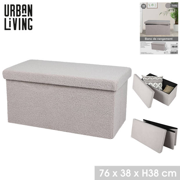 Urban Living Hocker bankje - poef XXL - opbergbox - lichtgrijs - noppen wol look - 76 x 38 x 38 cm - Poefs