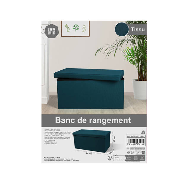 Urban Living Hocker bankje - poef XXL - opbergbox - zeeblauw - polyester/mdf - 76 x 38 x 38 cm - Poefs