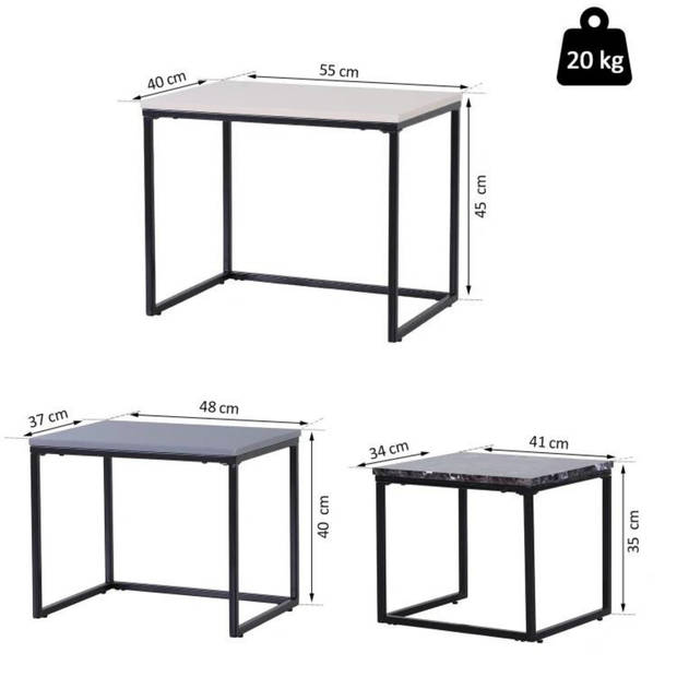 Salontafel - Bijzettafel - Tafel - Tafeltje - 55 x 40 x 45 cm/48 x 37 x 40 cm/41 x 34 x 35 cm