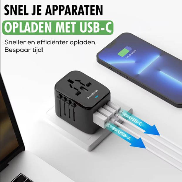 TravelHawk Universele Wereldstekker met 2 USB-C en 2 USB poorten - Reisstekker - Internationale Reisstekker