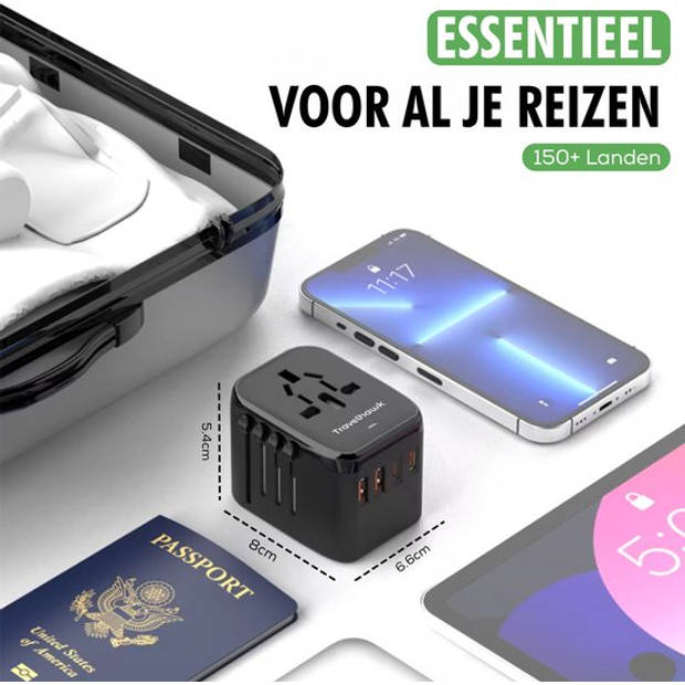 TravelHawk Universele Wereldstekker met 2 USB-C en 2 USB poorten - Reisstekker - Internationale Reisstekker