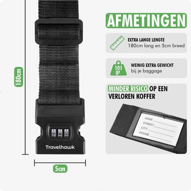 Travelhawk Kofferriem met Cijferslot - Bagageriem - Kofferriemen - Verstelbaar - 180 Centimeter - Extra Beveiliging