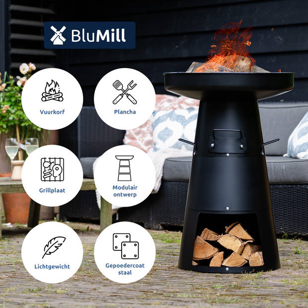 BluMill 3-in-1 Vuurkorf Plancha Barbecue met brandhout opslag