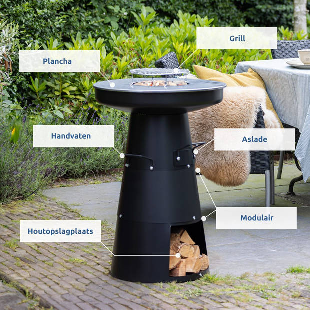 BluMill 3-in-1 Vuurkorf Plancha Barbecue met brandhout opslag