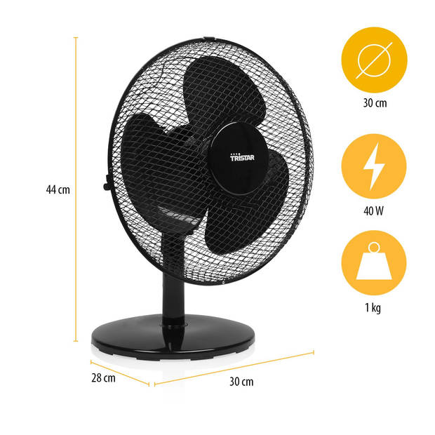 Tristar VE-5725 Tafelventilator - Drie verschillende luchtstroomsnelheden ? Zwenkfunctie van 85 graden