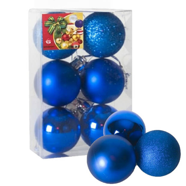 6x stuks kerstballen blauw mix van mat/glans/glitter kunststof 8 cm - Kerstbal